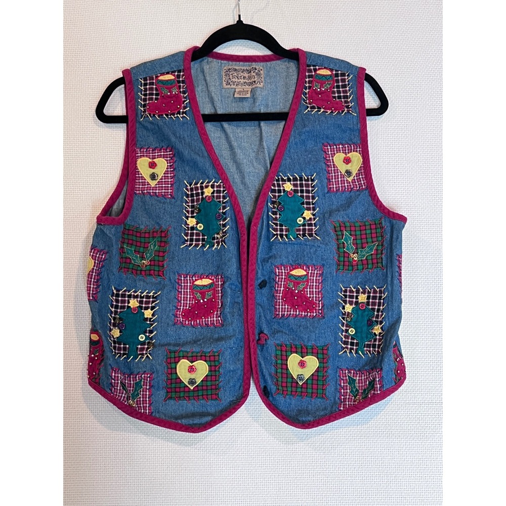 Vintage‎ Ton-TOn Blues Denim Vest Christmas Holiday Patchwork Applique Size L
